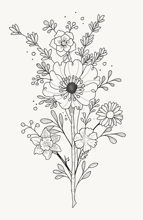 Bouquet Floral Bunch Drawing, Simple Flower Drawing Bouquet, Wildflower Bouquet Line Drawing, Cluster Of Flowers Drawing, Wild Flower Line Art, Flower Bundle Drawings, Bouquet Of Flower Drawing, How To Draw A Bouquet, Draw Bouquet Of Flowers