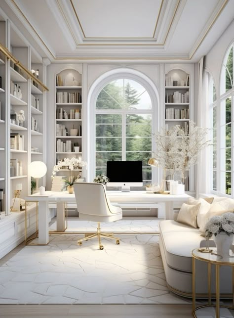 Feminine Home Offices, Cozy Home Office, Home Library Design, White Living Room, White Living, Home Office Setup, Home Office Space, Dream House Interior, Home Offices