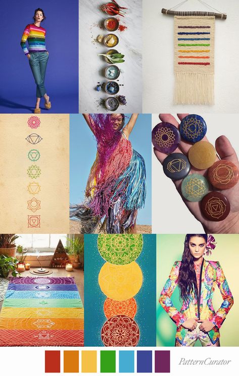 SEVEN CHAKRAS by Pattern Curator (SS20) Mood Board Fashion Inspiration, Pattern Curator, Fashion Sketchbook Inspiration, Print And Pattern, Chakra Colors, Color Trends Fashion, Colors And Patterns, Seven Chakras, Fashion Inspiration Board