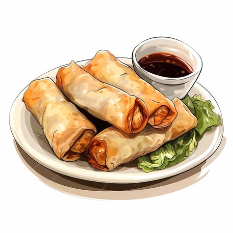 Spring Roll Drawing, Spring Roll Illustration, Asian Food Drawing, Asian Food Stickers, Asian Food Illustration, Aesthetic Food Art, Food Art Drawing, Draw Food, Catering Food Displays