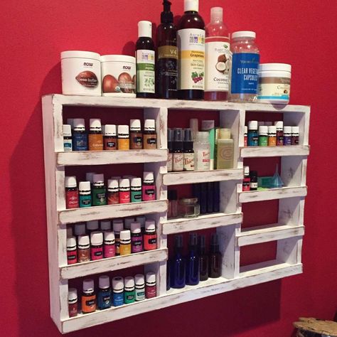 Available in 10 colors! Many more designs available! Storage Medicine Cabinet, Rustic Wood Shelving, Ladder Shelf Diy, Nail Polish Shelf, Oil Rack, Oil Shelf, Turquoise Home Decor, All Natural Cleaners, Essential Oil Shelf