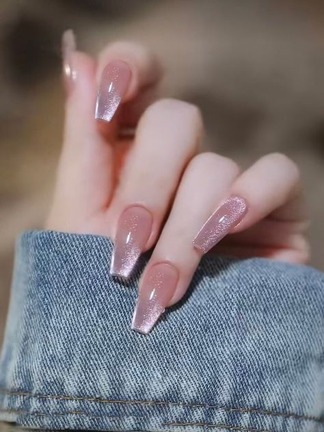 Mystical Acrylic Nails, Coffin Shape Cat Eye Nails, Cat Eyes French Tip Nails, Fall Brown Cat Eye Nails, Light Brown Cat Eye Nails, Cat Eye Nails For Fall, Elegant Touch Nails Square, Pink Cats Eye Nail, Baby Pink Cat Eye Nails