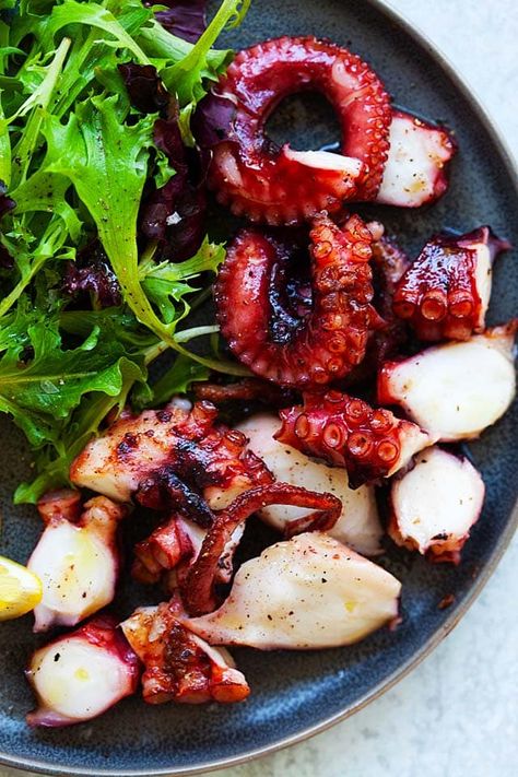 Grilled Octopus Recipe, Octopus Recipe, Octopus Salad, Octopus Recipes, Rasa Malaysia, Grilled Octopus, American Recipes, Seafood Dinner, Calamari