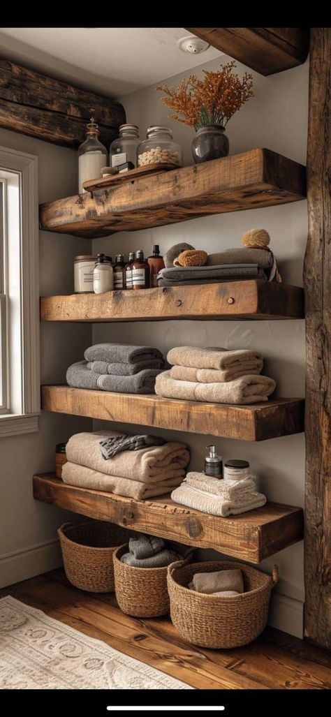 Rustic Kitchen Ideas, Bathroom Storage Hacks, Shelves Bathroom, Walnut Shelves, Small Bathroom Storage, Bathroom Inspiration Decor, Bathroom Redo, Storage Hacks, Maximize Space