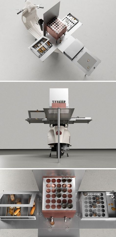 ChaiGaadi is the world’s tiniest tea stall ever made. At just 1.5 sq. ft, the foldable tea stall fits right on the back of a Vespa, allowing the tea vendor to easily set up shop anywhere and sell tea along with select confectionery and snacks. Everything fits right into a 1.5 sq. ft. box that’s mounted on the back of a Vespa. KNOW MORE NOW! Vespa Bar, Vespa Shop, Tea Stall, Vendor Cart, Chicago Deep Dish, Bike Food, Bike Cart, Food Carts, New York Pizza