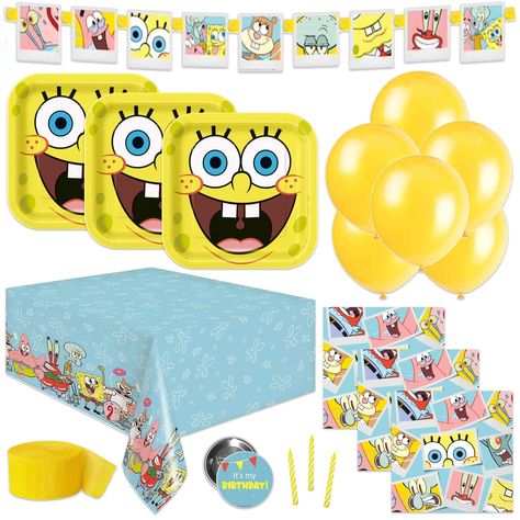 PRICES MAY VARY. Join Spongebob and Patrick in throwing a fun birthday party! This Spongebob party supplies pack includes disposable dinnerware and Spongebob party decorations perfect for tying the room together. Dinnerware -- This set includes enough Spongebob tableware to host a party of 16 guests: 16 large 9" paper Spongebob plates and 16 paper Spongebob napkins. Decorations -- The hanging Happy Birthday banner is the perfect way to add a visual pop to your child's party. Leakproof tablecloth Spongebob Party Decorations, Spongebob Squarepants Party, Spongebob Birthday Party Decorations, Spongebob Birthday Party, 25th Birthday Parties, Disney Cars Party, Spongebob Party, Birthday Table Decorations, Spongebob Birthday