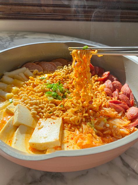 Budae-Jjigae (Korean Army Stew) - Cook With Dana Budae Jjigae Aesthetic, Aesthetic Asian Food, Budae Jjigae Recipe, Food Noise, Korean Army Stew, Budae Jjigae, Spring Haircut, Food Museum, Dr Food