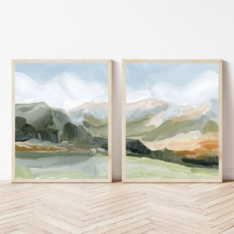 This diptych art print listing is for a SET OF 2 art prints. Elevate your wall decor with this set of 2 landscape art prints--a stunning reproduction of an original mountain painting by Colorado Springs artist, Katie Garrison. Printed on smooth matte paper, this diptych mountain wall art showcases the beauty of the Utah landscape, making it the perfect addition to your Utah art collection. These mountain landscape art prints beautifully capture the essence of the Sundance Mountain Resort in Utah--with powder blue, deep green, and burnt orange. Whether you're adding this mountain landscape artwork to your personal art collection or giving it as a thoughtful gift, this mountain wall art is the perfect way to add a touch of nature to your home. The sizes listed in the drop-down menu are the d School Farm, Utah Landscape, Diptych Wall Art, Diptych Art, Landscape Art Prints, Utah Mountains, Mountain Painting, Desert Mountains, Bedroom Canvas