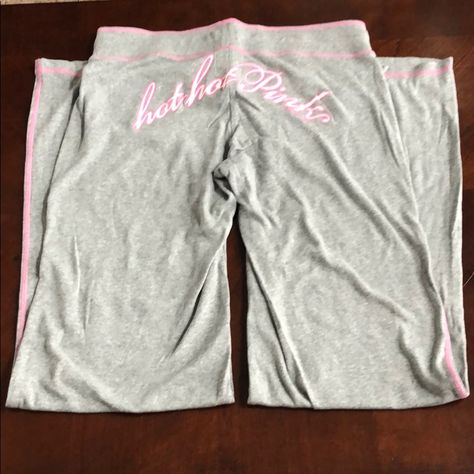 Pink Victoria’s Secret Gray Pants With Hot Hot Pink On Back Thrift Board, Fold Over Yoga Pants, Vs Pink Sweatpants, Fire Shoes, Victoria Secret Sweatpants, Dr Closet, Victoria Secret Outfits, Pink Sweatpants, Pink Yoga Pants