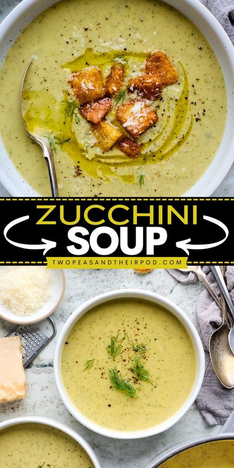 This Zucchini Soup is a healthy zucchini recipe made with onion, garlic, herbs, zucchini, and white beans blended to thicken the soup. Pin this creamy and savory zucchini recipe! Zucchini Puree Soup, Zucchini And Bean Soup, Zucchini Bacon Soup, Cream Zucchini Soup, Shredded Zucchini Soup, Zuccinni Recipe Soup, Gray Zucchini Recipe, Keto Zucchini Soup, Chopped Zucchini Recipes