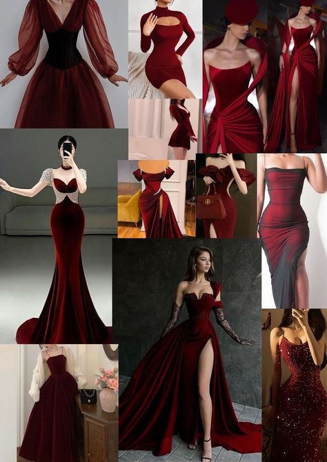 Red Revenge Dress, Burgundy Dresses Formal, Red And Black Clothes Aesthetic, Elegant Red Dress Aesthetic, Fancy Dress Aesthetic, Red Wine Dresses, Old Money Dresses Gala, Mafia Dress Women, Revenge Dress Ideas