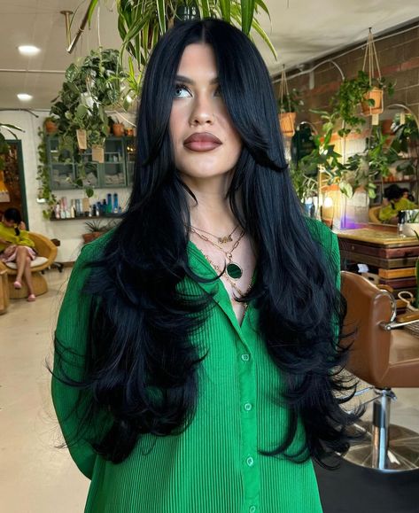 Choppy Short Layers For Long Hair, Long Black Hair With Layers And Curtain Bangs, Long Black Hair With Layers Round Faces, Long Black Layered Hair With Bangs, Dark Curtain Bangs, Trim For Long Hair, Dark Long Layered Hair, Brunette Curtain Bangs Long Hair, Long Layers Haircut With Curtain Bangs