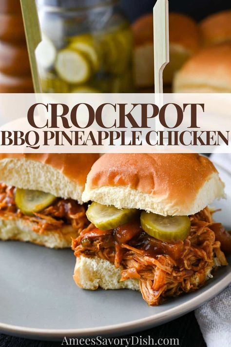 Bbq Peach Chicken Crockpot, Bbq Pineapple Chicken Crockpot, Honey Bbq Chicken Crockpot, Pineapple Chicken Sandwich, Chicken Tacos Recipes, Sandwich Specials, Pulled Chicken Crock Pot Recipes, Pineapple Bbq Chicken, Crockpot Pineapple Chicken