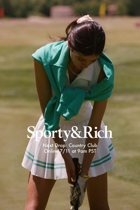 Next Drop: Country Club Discover new exclusive pieces inspired by golf and tennis aesthetics. Online on Thursday, July 11th at 9 am PST Country Club Preppy Aesthetic, Fitted Polo Outfit, Rich Sport Aesthetic, 90s Golf Outfits, Golf Swings Women, 80s Tennis Outfit, 90s Golf Fashion, Vintage Country Club Aesthetic, Preppy Country Club Outfit