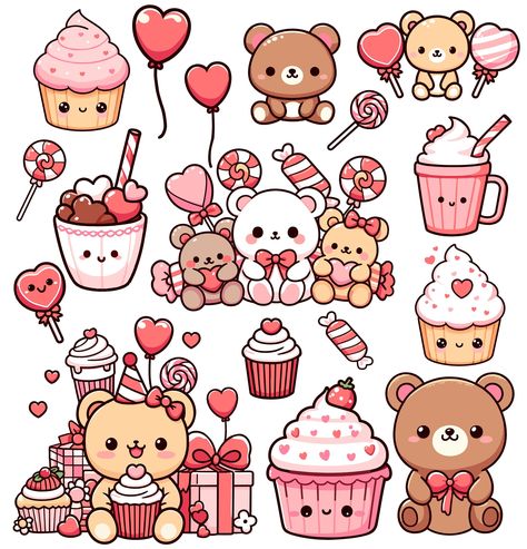 Kawaii Christmas Drawings, Kawaii Valentines Day Drawings, Cute Valentines Stickers, Valentines Kawaii, Cute Cupcake Drawing, Kawaii Birthday Stickers, Cute Bears Sticker, Valentines Clipart Cute, Valentines Bear