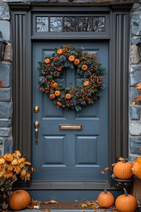 Autumnal Front Door, Cornucopia Wreath Diy, Blue Fall Decorations, Fall Wreath Inspiration, Decorate Front Porch For Fall, Autumn Door Wreath, Autumn Decorations Outdoor, Diy Fall Wreath For Front Door, Autumn Door Decorations