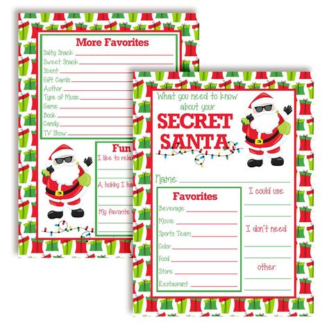 PRICES MAY VARY. Cuteness Overload: Designed by a talented mom, these festive cards feature an adorable Santa with a fun background of holiday gifts! Looking for a fun way to learn more about your Secret Santa recipient? These are perfect for remembering the reason for the season and also having fun with your gift exchange! Everyone will have a blast looking for items that their Secret Santa recipient will really enjoy and appreciate. Amanda Creation. Original design by Amanda Creation Awesome Q Secret Santa Game, 10 Secret Santa Gifts, Santa Games, Creation Activities, Secret Santa Gift Exchange, Gift Card Exchange, Fill In The Blank, Miniature Gift, Crafting Paper