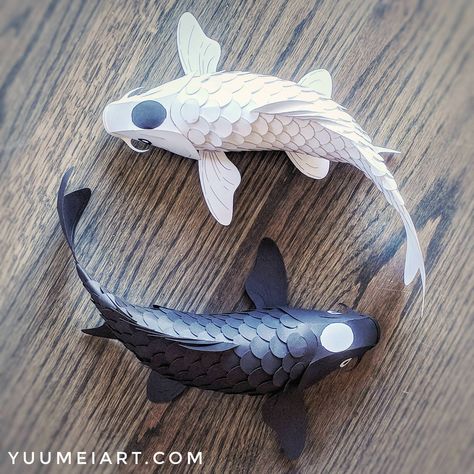 I designed some posable koi made only from paper, no glue or tape. They can bend in any direction. Koi Fish Template, Paper Koi Fish, Fish Paper Craft, Yuumei Art, Butterfly Koi, Yin Yang Koi, Fish Template, Paper Fish, Ikan Koi