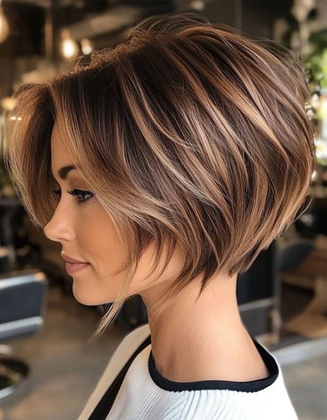 Effortlessly Chic Bixie Cut Pixie Bob Color Ideas, Cami Cut Hair, Shadow Root Bob, Reverse Bob Haircut Short, Short Bob Balayage Brunettes, Cuts For Thinning Hair Women, Pixie To Bob Transition, Balayage Pixie Hair, 2024 Short Hair