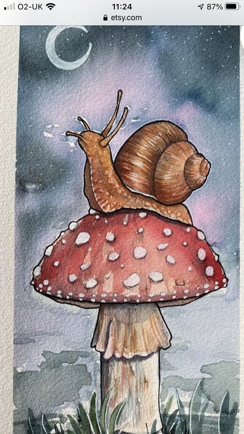 Acorn House Drawing, Snail On Mushroom Drawing, Snails Painting, Toadstool Illustration, Snail Drawings, Mushroom With Snail, Loose Watercolor Paintings, Woodland Animal Art, Snail Art