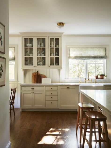 Copper Beech Cottage · Found Design Sconces On Either Side Of Kitchen Window, Timeless Country Kitchen, Cottage Charm Interior, 1930s Cottage Interior, Wood Trim Kitchen, English Cottage Kitchen Ideas, Craftsman Cottage Interiors, Modern English Kitchen, White Cottage Kitchen