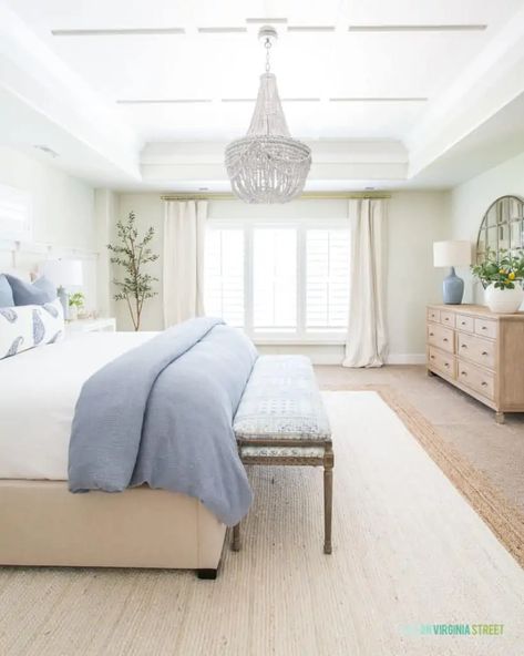 Drapes In Bedroom, Modern Coastal Bedroom Ideas, Modern Coastal Bedroom, Life On Virginia Street, Affordable Rugs, Serene Bedroom, Coastal Bedrooms, Coastal Bedroom, Custom Drapes