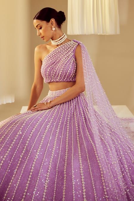 Lehenga With Pearls, Modern Lehangas, One Shoulder Lehenga, Asian Princess, Vani Vats, Cancan Lehenga, Purple Lehenga, Lehenga Pattern, Yellow Lehenga