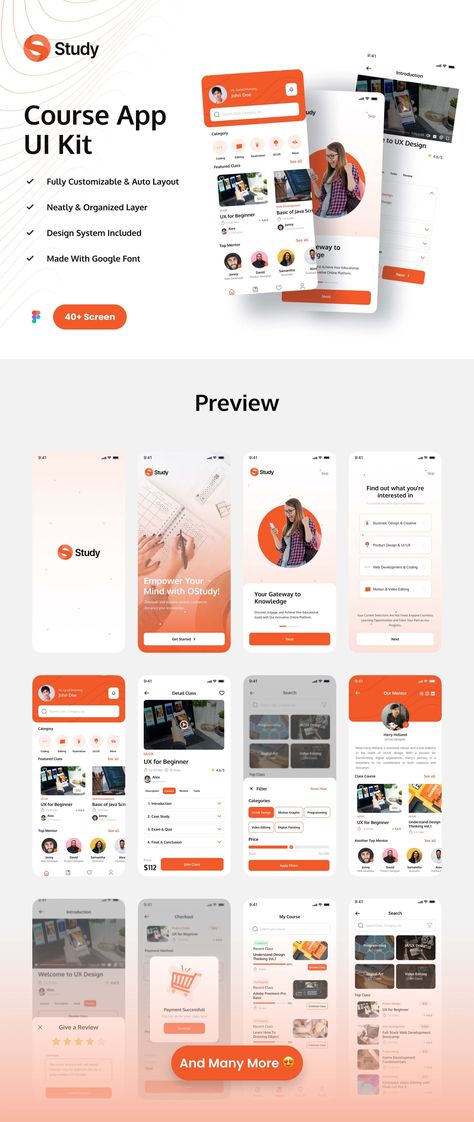 O Study - E Course App UI Kit — Figma Resources on UI8 E Learning App Ui Design, E Learning Design Ideas, Education App Ui Design, Figma Design Ideas, Ui Ux Portfolio, Flashcard App, E-learning Design, Ui Kit Design, Class App