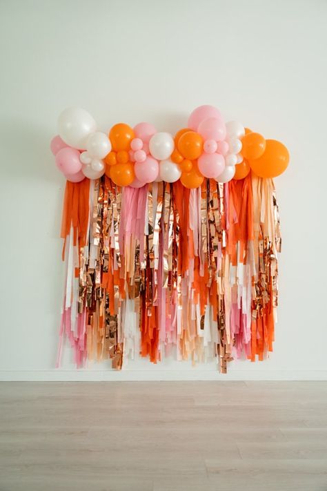 Girls Just Wanna Be One Birthday, Bach Party Decorations, Backdrop Fringe, Streamer Wall, Orange Backdrop, Fringe Decor, Ghoul Gang, Ghouls Just Wanna Have Fun, Mums Birthday