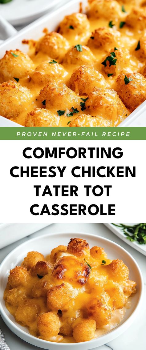 Image for Comforting Cheesy Chicken Tater Tot Casserole Chicken Casserole Tater Tots, Fall Family Lunch Ideas, Easy Chicken Tater Tot Casserole, Tator Tot Ideas, Sweet Potato Tots Casserole, Easy Fall Casseroles, Tatar Tot Hot Dish, Warm Meals For Cold Days Dinners, Chili Bake Casserole