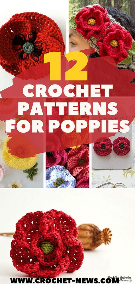 Crochet Poppies, Crochet Poppies Free Pattern, Poppy Granny Square, Crochet Poppy Wreath Free Pattern, Crochet Poppy Flower, Poppy Crochet Pattern Free, Crocheted Poppies Free Pattern, Crocheted Poppy Free Pattern, Crochet California Poppy