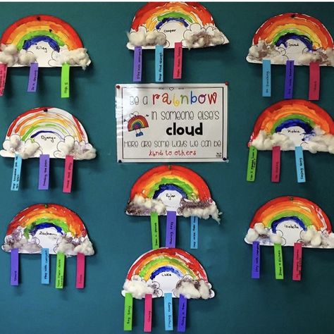 Kindness Cloud Craft, Rainbow Clouds Craft, Rainbow Cloud Craft Preschool, Cloud And Rainbow Craft, Elmer And The Rainbow Activities, Cloud Rainbow Craft, Be A Rainbow In Someone Else's Cloud Bulletin Board, Rainbow Art Kindergarten, Be A Rainbow In Someone Else's Cloud