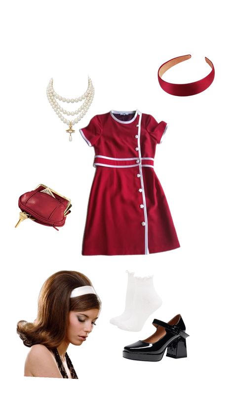 60s outfit#60s #dress #red #cute #outfit #60saesthetic 60s Fancy Dress Ideas, 60s Hoco Dress, Red 60s Aesthetic, 60s Girl Outfits, 60s School Outfits, Casual 60s Outfits, Easy 60s Outfit, 60s Womens Outfits, 1960s Aesthetic Outfits