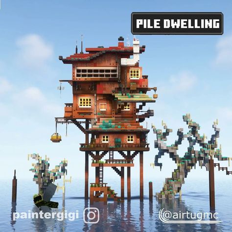 Minecraft Build Gallery🖼️ on Instagram: “💬Amazing! Check out this cool Pile Dwelling House!✨ ------------------------------------ This awesome build was made by ➡️ @paintergigi and…” Pile Dwelling, Steampunk Building, Minecraft Steampunk, Rumah Minecraft Sederhana, Minecraft Things, Minecraft Structures, Minecraft House Plans, Bangunan Minecraft, Steampunk House