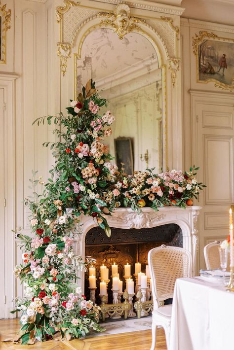 French Themed Wedding Decor, French Chateau Wedding Decor, Parisian Floral Arrangement, Floral Fireplace Wedding, French Chateau Wedding Flowers, French Themed Wedding, Parisian Wedding, Ireland Wedding, Valentine Wedding