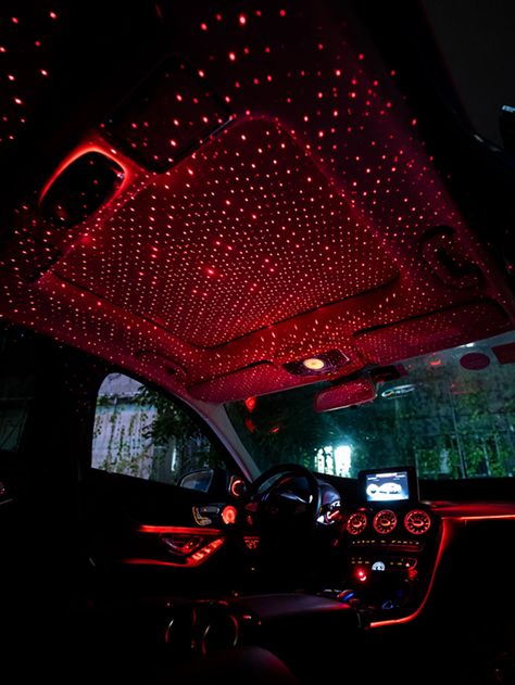 Car With Lights Under, Led Lights In Car, Red Car Decor, Red Car Interior, Red Interior Car, Red Car Accessories, Led Light Car, Movie Theater Rooms, Roof Decoration