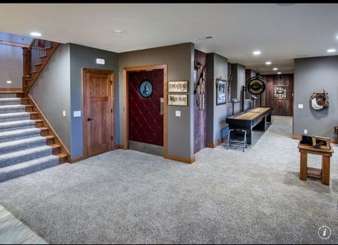 Carpet Basement, Light Carpet, Basement Painting, Gray Carpet, Basement Carpet, Oak Trim, Favorite Paint Colors, Grey Paint Colors, Basement Flooring