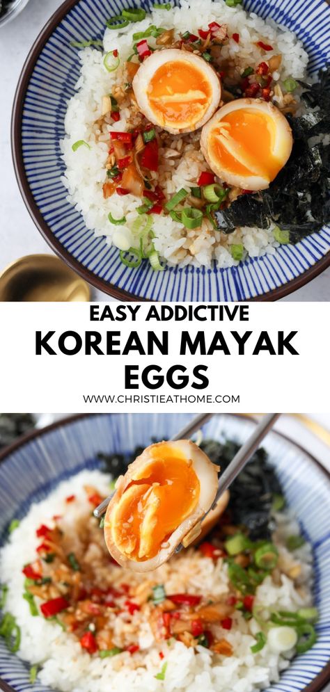 Korean Mayak Eggs (Drug Eggs). Soft-boiled eggs with a jammy yolk in a soy-based marinade with addictive flavors! These delicious eggs are savory, sweet, spicy with nutty sesame flavor and umami taste. Korean Egg Soup, Kimchi Eggs, Asian Egg Recipe, Korean Marinated Eggs, Mayak Eggs, Marinated Eggs, Korean Breakfast, Boiled Egg Recipes, Asian Breakfast