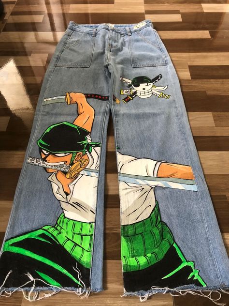 Zoro Inspired Outfits, One Piece Costume Halloween, One Piece Clothes Anime, Zoro Outfits, Custom Painted Clothes, Painted Pants, Anime Pants, Custom Jeans Diy, Custom Pants