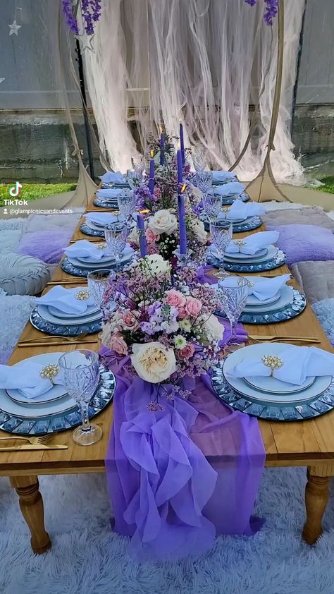 glampicnicsandevents on Instagram: #lavender #lavenderbliss #lavendertablescape #luxurypicnic #nycluxurypicnic #newyorkpicnic #eventplanner #nycweddingplanner… Light Blue And Purple Party Decor, Blue And Purple Table Setting, Lavender Picnic Aesthetic, Table Decorations Birthday Woman, Lavender Dinner Party, Purple Picnic Aesthetic, Lavender Theme Birthday Party, Lavender Party Theme, Purple Dinner Party