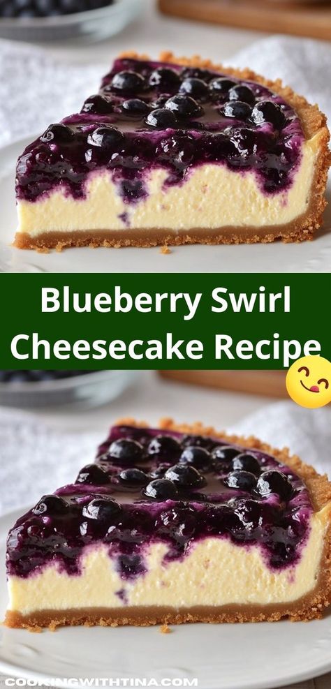 Need a standout dessert for your next gathering? Discover this Blueberry Swirl Cheesecake Recipe, featuring a rich and tangy filling swirled with vibrant blueberries. It’s a quick and impressive option for holiday celebrations. Blueberry Cheesecake Swirl Rolls, Blueberry Cheesecake Fluff, Blueberry Cheesecake Recipes, Homemade Blueberry Cheesecake, Cheesecake Recipes Easy No Bake, Blueberry Topping For Cheesecake, Blueberry Cheesecake Dessert, Blueberry Dessert Recipes, Blueberry Swirl Cheesecake