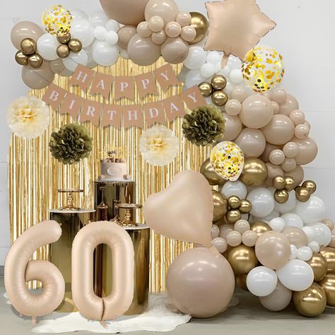 PRICES MAY VARY. 68 PCS Beige Birthday Decorations: You will get 1* birthday banner, 2*18” foil balloon (1 heart, 1 star), 2* 32” number foil balloons, 1* cake topper, 1*foil fringe, 1*tablecloth, 4*beige pom pom flower(2 beige, 2 white), 33* 12”latex balloon(10 nude beige, 10 gold, 8 white, 5 confetti), 10*5” latex balloon(5 nude beige, 5 white),1*balloon stripe, 3* glue dots I AM 60 YEARS OLD! - The 60th birthday decorations is a perfect decoration that adds a touch of elegance and style to an Beige Birthday Party, Birthday Party Decoration For Men, Party Decoration For Men, White And Gold Birthday Cake, Boho Balloon Garland, Beige Balloons, Men Happy Birthday, Beige Birthday, Balloons Arch