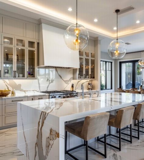 White Kitchen Cabinets With Waterfall Island, Marble Island Kitchen, Multipurpose Kitchen Island, Big Kitchen Design, Kitchen Counter Design, Kitchens 2021, Modern Kitchen Trends, Waterfall Island Kitchen, Waterfall Island