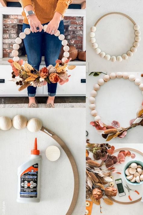 Fall Bead Wreath Diy, Fall Wreath With Wooden Beads, How To Make Your Own Wreath, Fall Wood Bead Wreath Diy, Cheap Diy Fall Wreath, Diy Fall Crafts For Girls Night, Fall Wreath Crafts For Adults, Fall Wreath Making Party, Fall Wreath Diy Easy