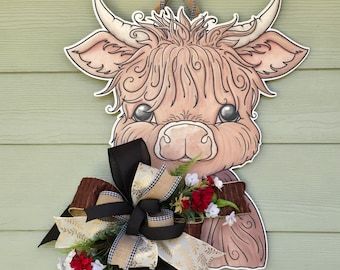 Highland Cow Door Hanger, Highland Cow Wreath, Cow Door Hanger, Cow Wreath, Baby Highland Cow, Homeowner Gift, Farmhouse Doors, Cow Decor, New Homeowner Gift