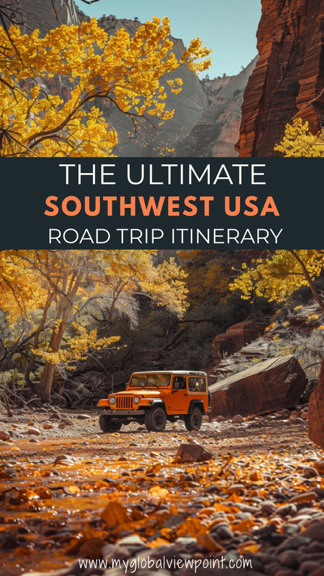 A bright orange Jeep navigates through a scenic canyon with autumn foliage, representing the ultimate Southwest USA road trip itinerary. Ideal for planning a 7-day national park road trip filled with adventure and stunning landscapes. South West Usa Road Trip, National Parks Road Trip Map, Arizona Parks, Southwest National Parks, Southwest Road Trip, National Parks Road Trip, Best National Parks, Road Trip Map, Southwest Usa