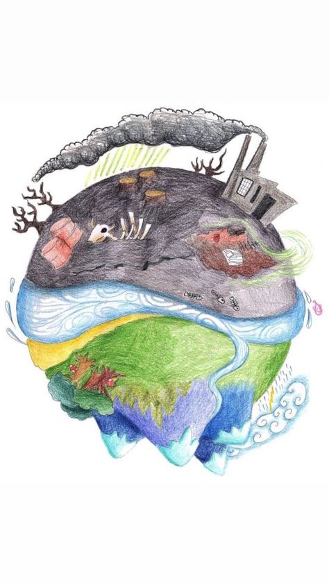 Polluted Earth Drawing, Earth Pollution Drawing, Environmental Art Drawing Easy, Pollution Drawing, Earth Art Drawing, Save Earth Drawing, Pencemaran Udara, Save Water Poster Drawing, Earth Day Drawing