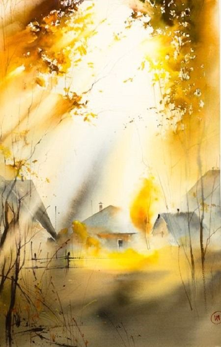 !! Ilya Ibryaev Yellow Watercolour Painting, Landscape Watercolor Paintings, Watercolours Painting, Sunshine Painting, Watercolor Light, Thomas Schaller, Light Watercolor, Trees Lights, Yellow Watercolor