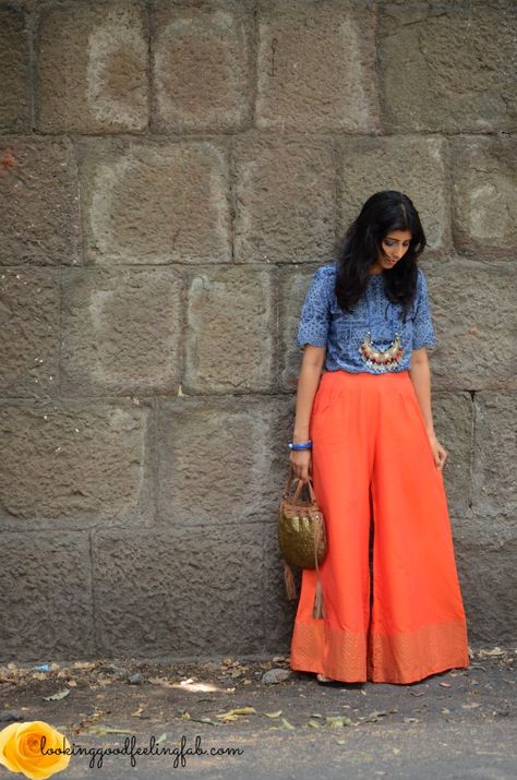 colour blast with Indian Tadka Palazzo Tops Indian, Plazoo Tops Palazzo Pants, Palazzo Pants Outfit Indian Casual, Tops For Palazzo Pants Classy, Palazzo Pants Outfit Indian, Top And Palazzo Pants, Indian Fashion Bloggers, Plazo Pants, Palazzo Pants Outfit