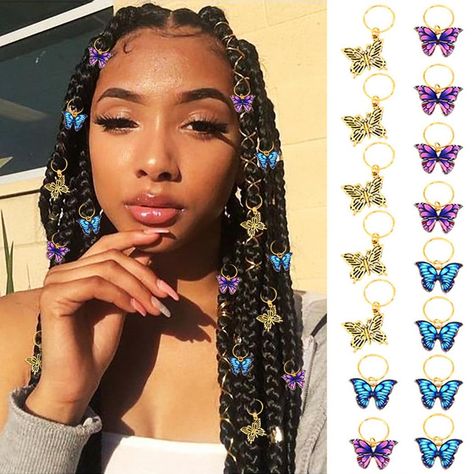 PRICES MAY VARY. Loc jewelry for hair are made of alloy and cute butterfly, pack of 15. Hair jewels for braids have 3 different colors: gold, purple and blue. Approx size: ring diameter: 0.55in/1.4cm; gold butterfly: 0.79in*0.59in/2cm*1.5cm, purple & blue butterfly: 0.87in*0.59in/2.2cm*1.5cm. Gold butterfly dreadlock accessories are easy to attach to your dreads. They are adjustable; you can twist the two ends of the ring to open or close it. And they are made of high quality alloy, so you don't Hair Jewelry For Braids, Braid Clips, Hair Charms, Dreadlock Accessories, Cute Box Braids Hairstyles, Hair Jewels, Protective Hairstyles Braids, Pretty Braided Hairstyles, Dreadlock Hairstyles